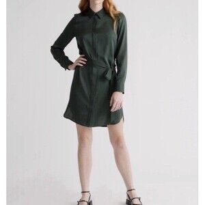 Quince Washable Stretch Silk Shirt Dress size S Women's Forest Green